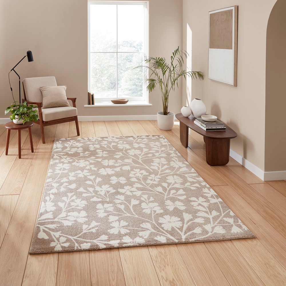 Grace Floral Modern Carved Rugs by Catherine Lansfield in Natural